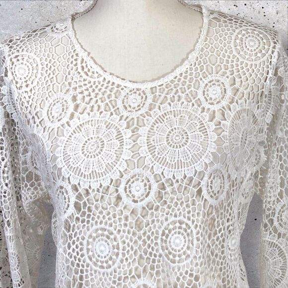 Calessa Crocheted Lace Tunic Top Boho Coastal Beach Womens Small White - Picture 6 of 8